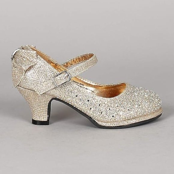 Toddler/Little/Big Girl Glitter Rhinestone Bow Mary Jane Kitten Heel Pump -RGold - Picture 1 of 6